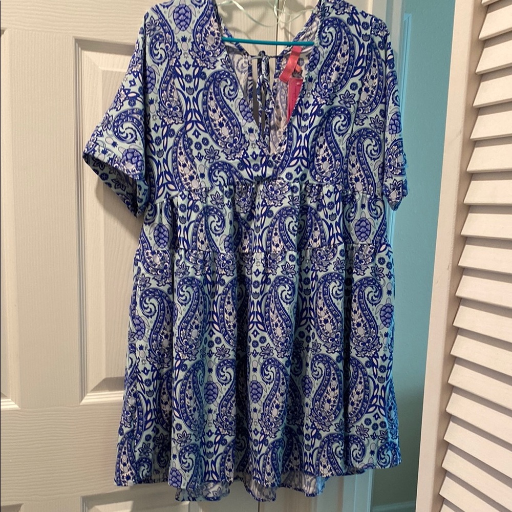 Simply Southern Blue and White Tiered Blouse with Mandarin Collar